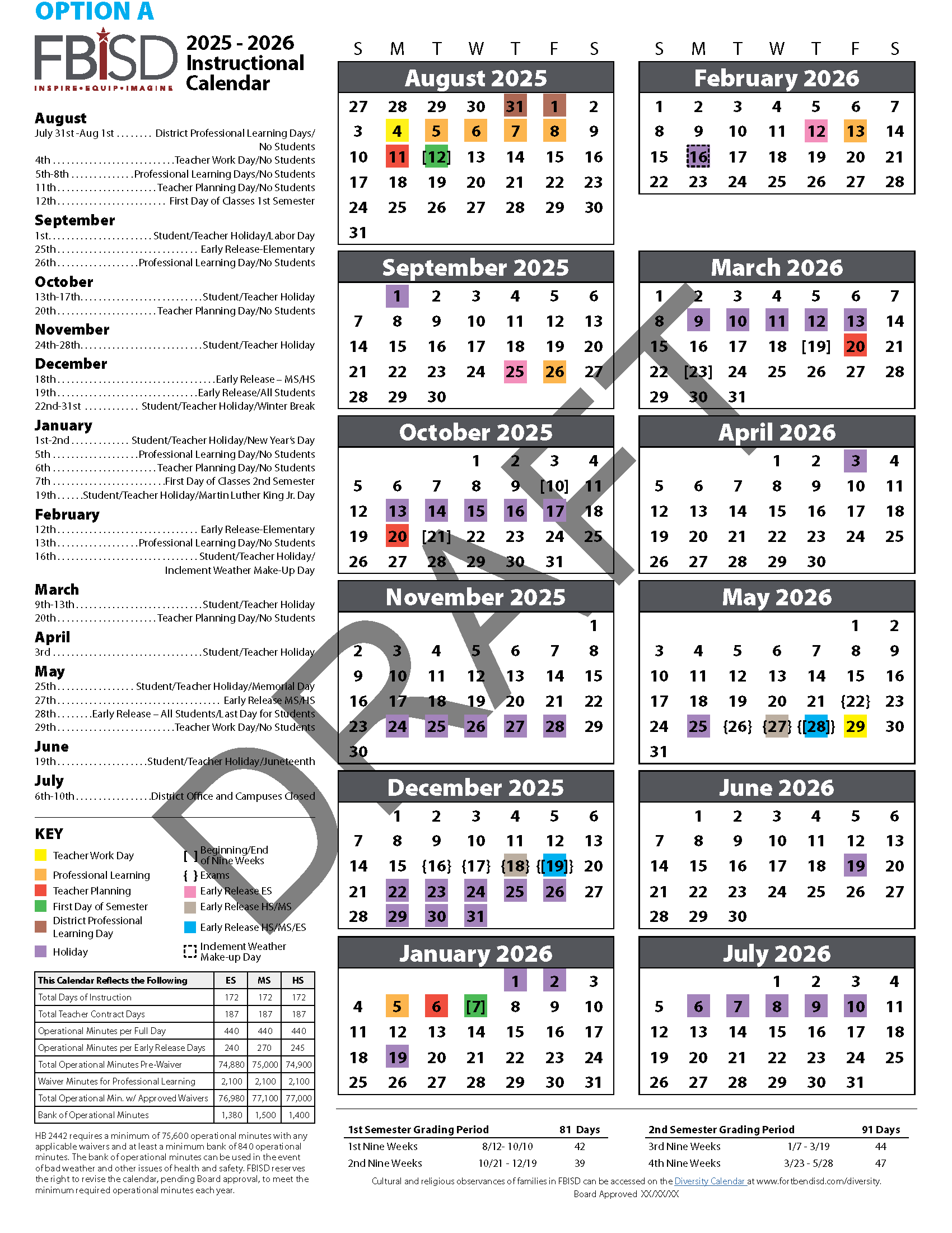 2025-2026 Instructional Calendar Draft A in English